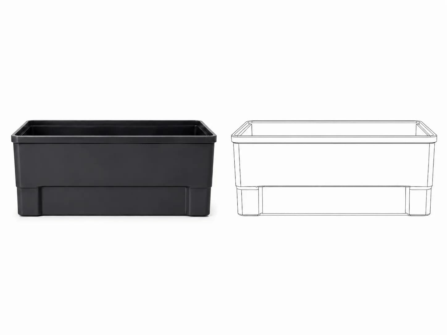 Front view of custom industrial tote box showing overall width and box profile