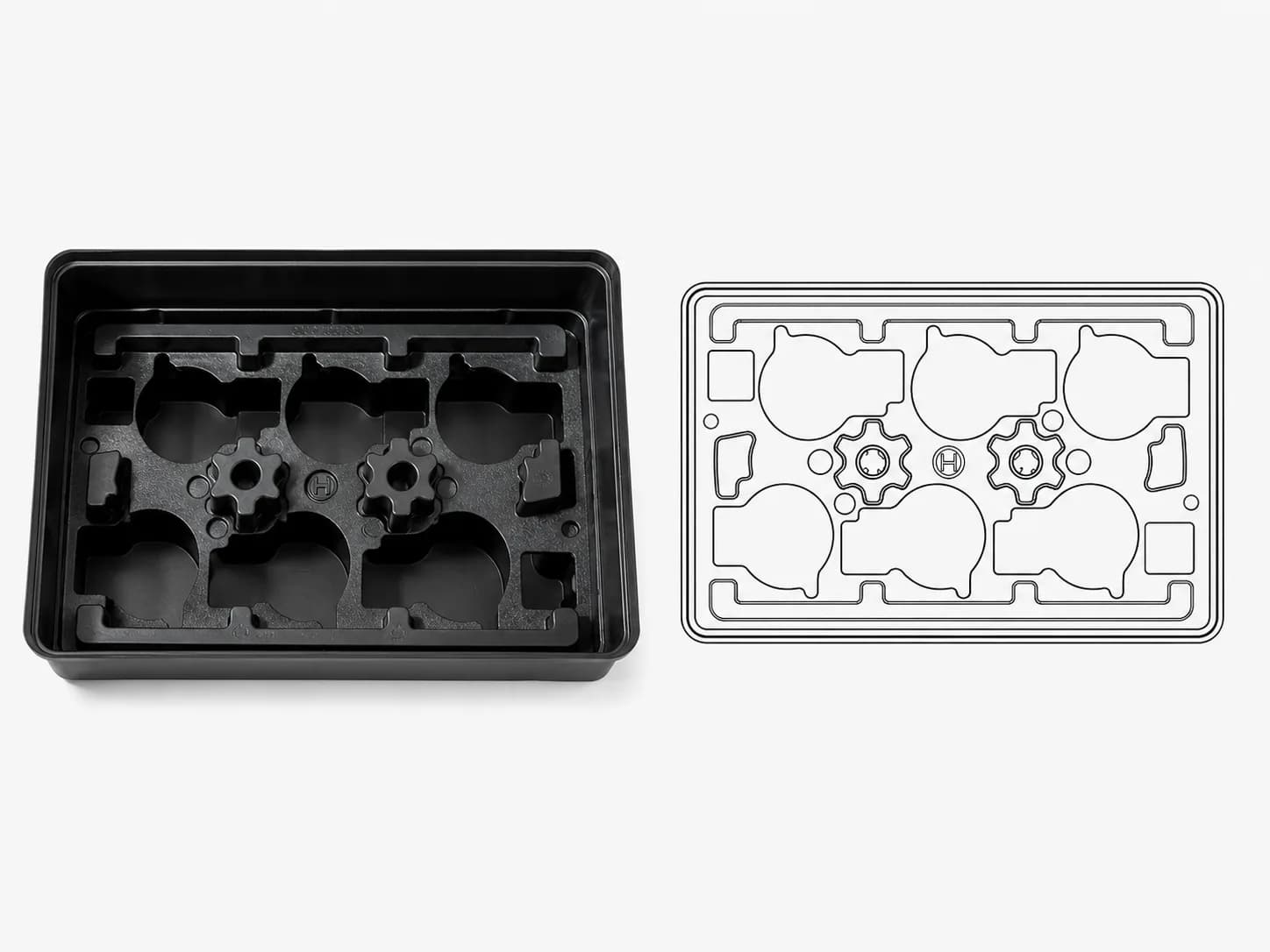 Custom industrial tote box with molded internal cavities for part positioning and protection
