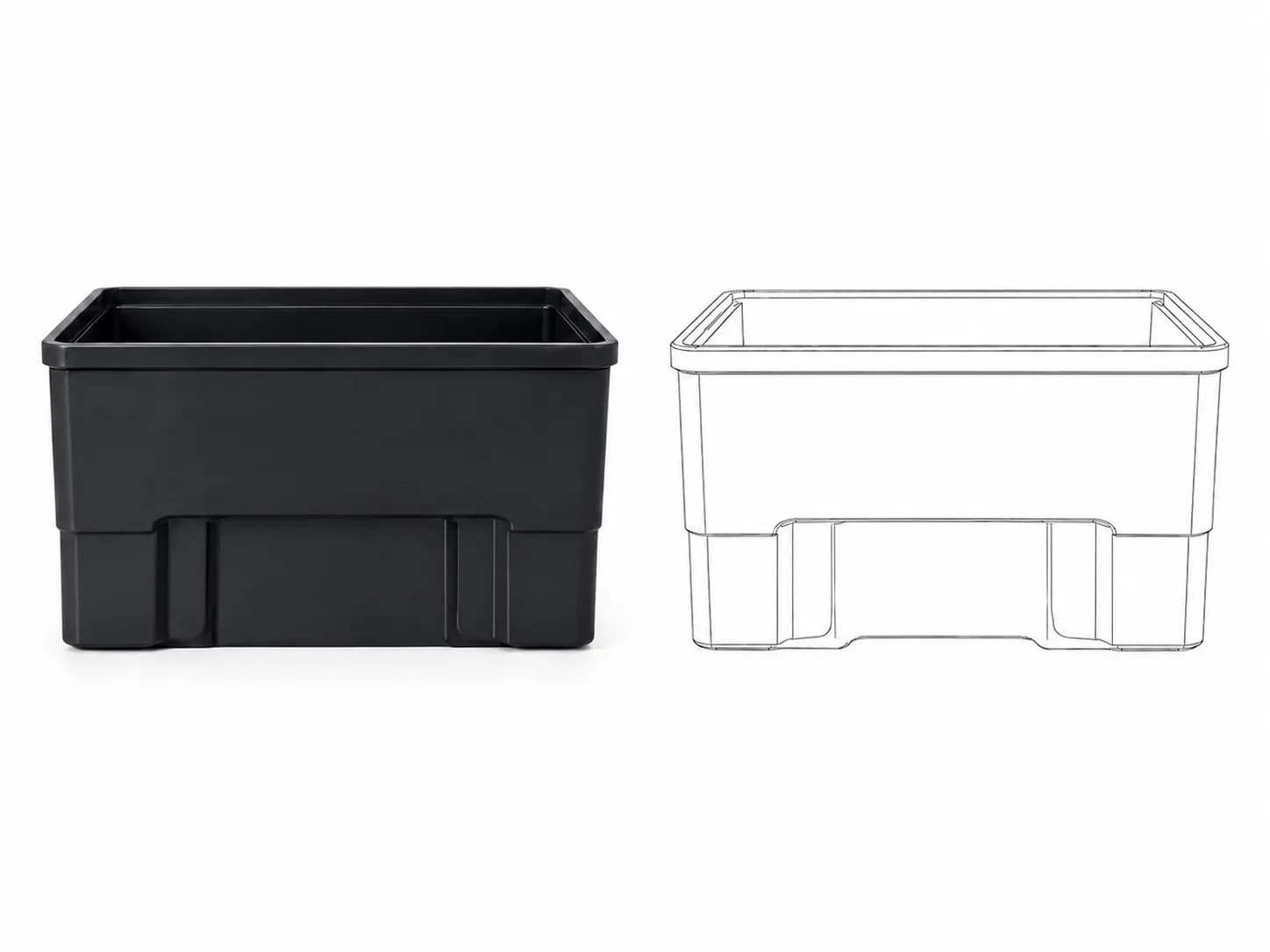 Side view of custom industrial tote box showing box depth and wall structure