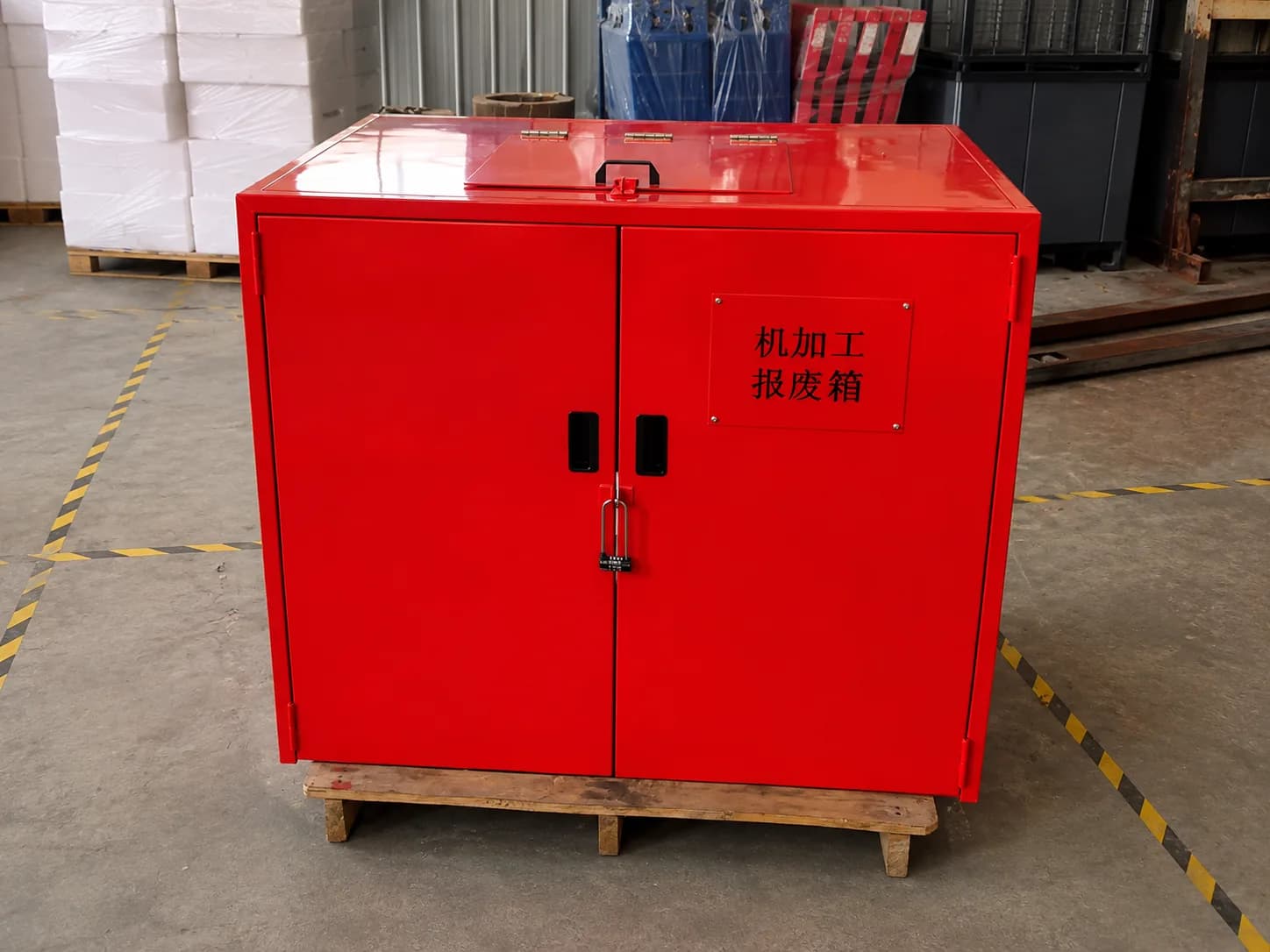 Line-side machining scrap storage cabinet with double doors