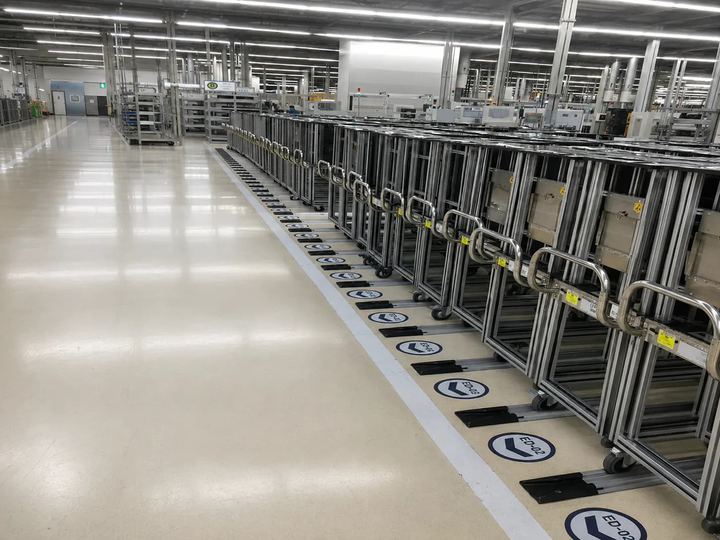 FIFO-oriented floor rail layout with multiple transfer trolleys arranged for in-plant material circulation