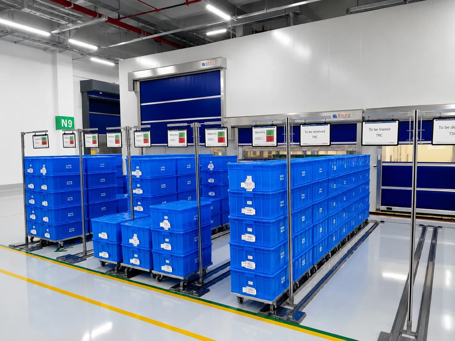 Guided-wheel transfer trolley designed to interface with floor guide rails for defined material-flow routes