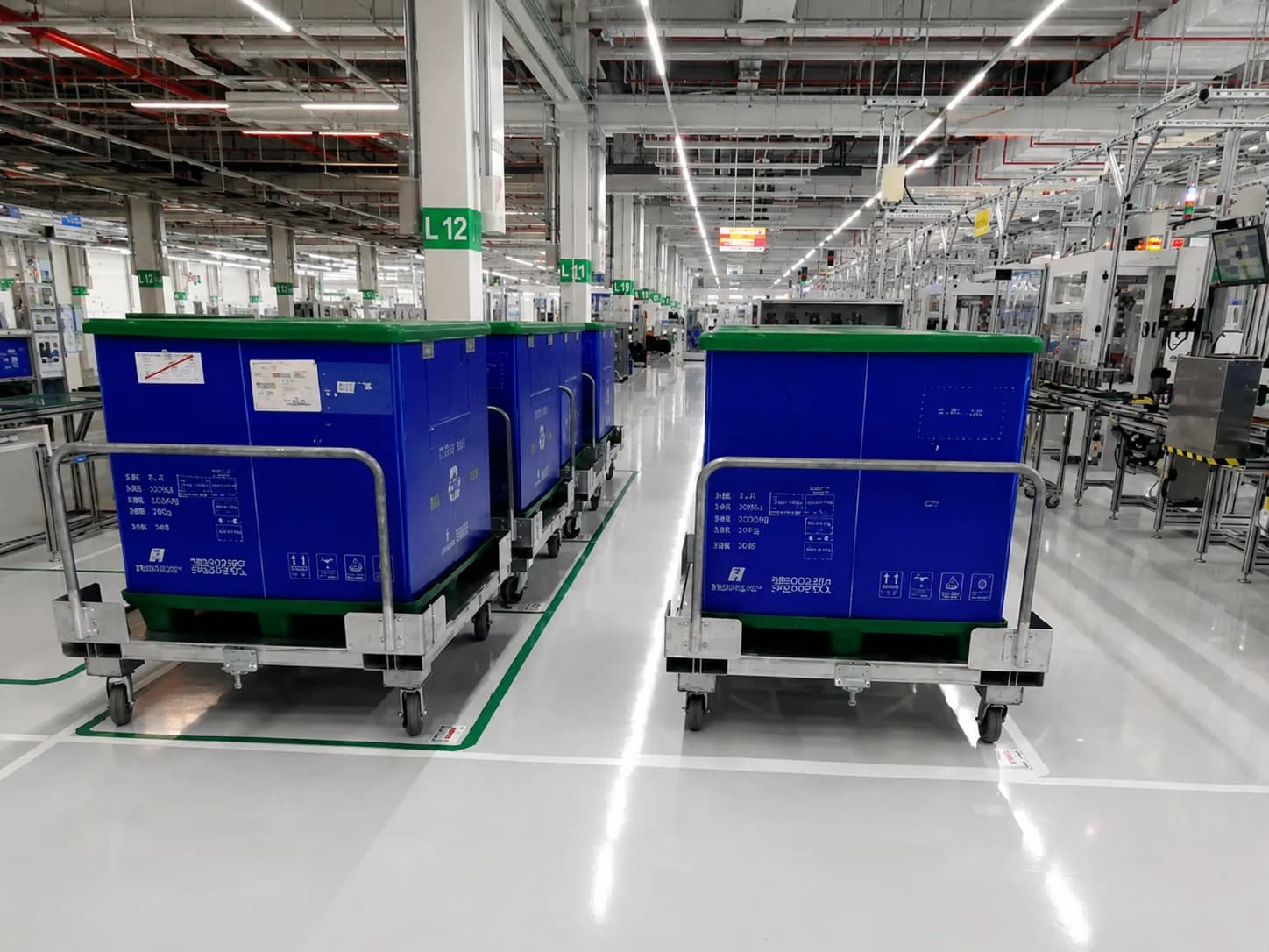 Stainless steel transfer trolley carrying industrial containers in a production workshop