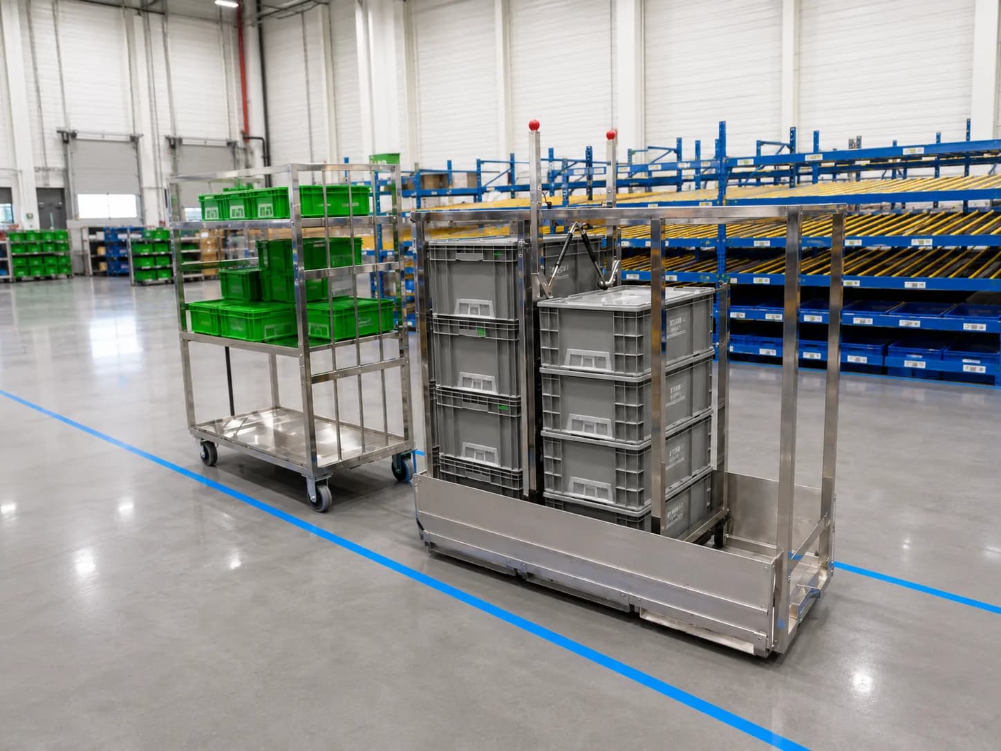 Towing transfer train trolleys carrying industrial containers for production-line material circulation
