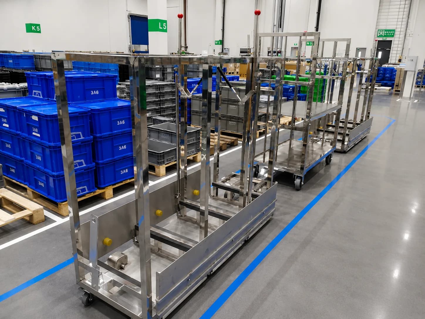 Multiple material transfer trolleys connected front to rear to form a towing train for workshop logistics