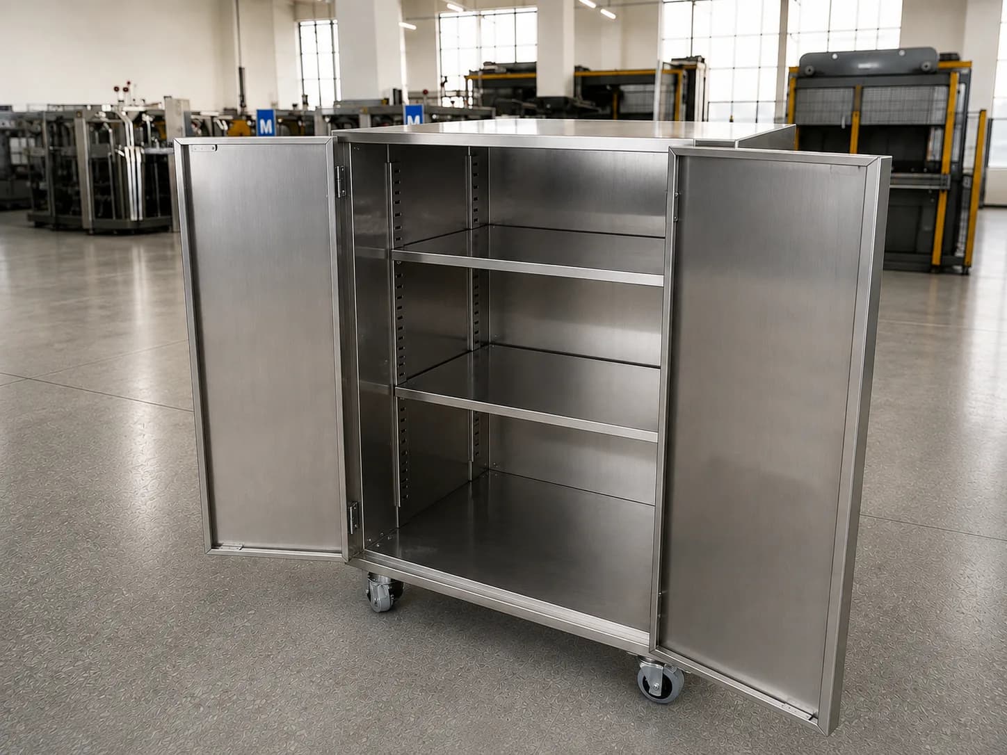 Open stainless steel moisture-proof cabinet with adjustable internal storage shelves