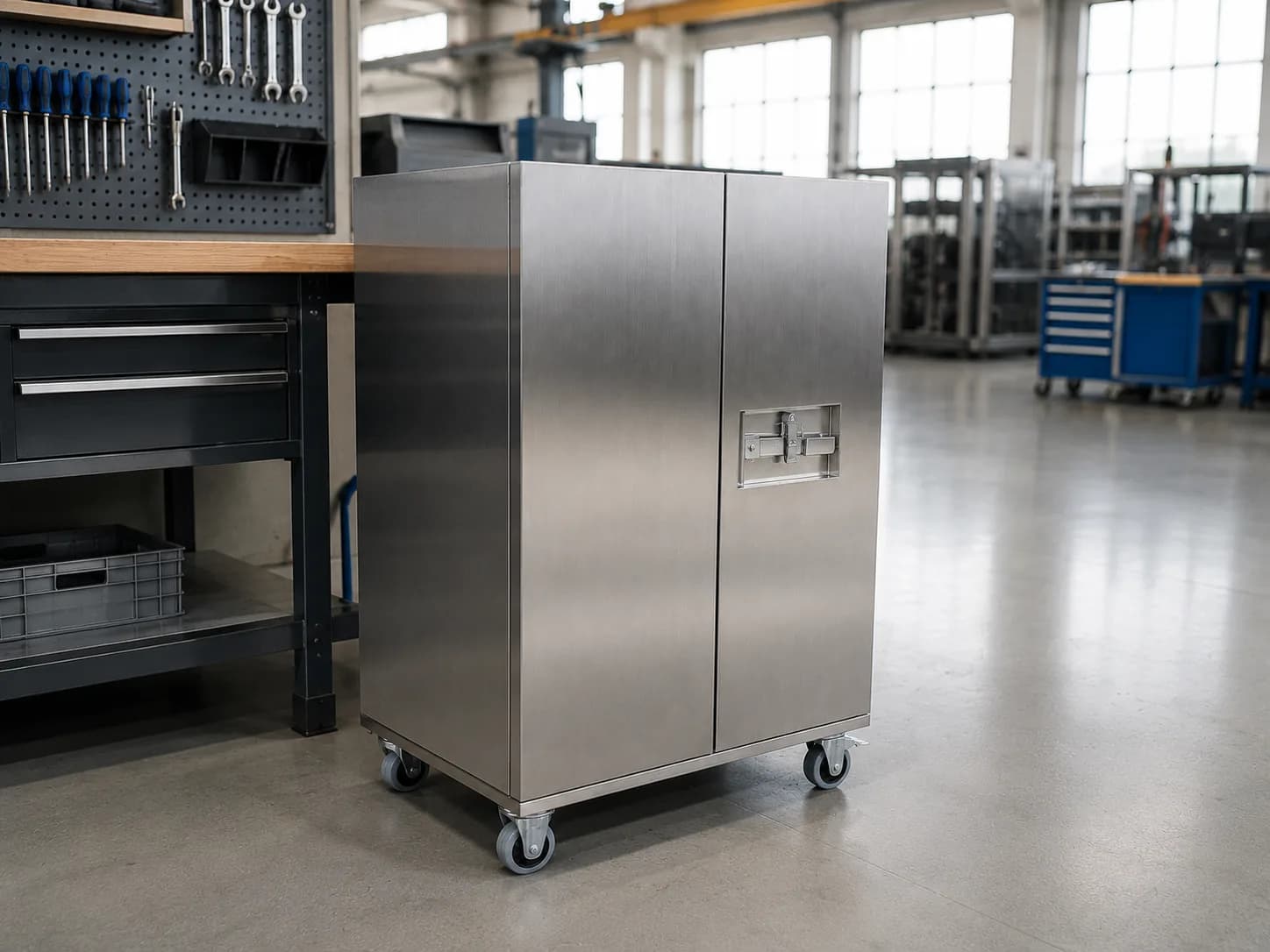Stainless steel moisture-proof cabinet positioned beside an industrial workstation