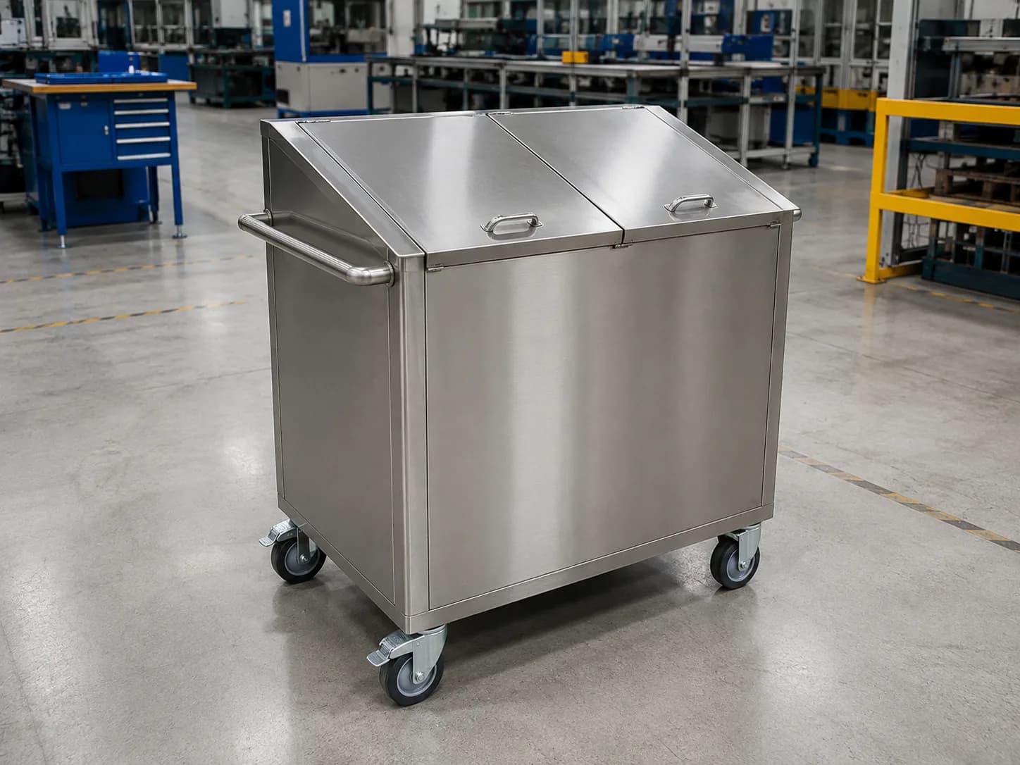Mobile stainless steel waste bin with casters for flexible workshop collection