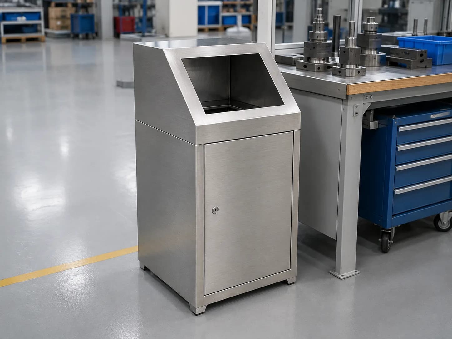 Open-front industrial stainless steel waste bin for production-area waste collection