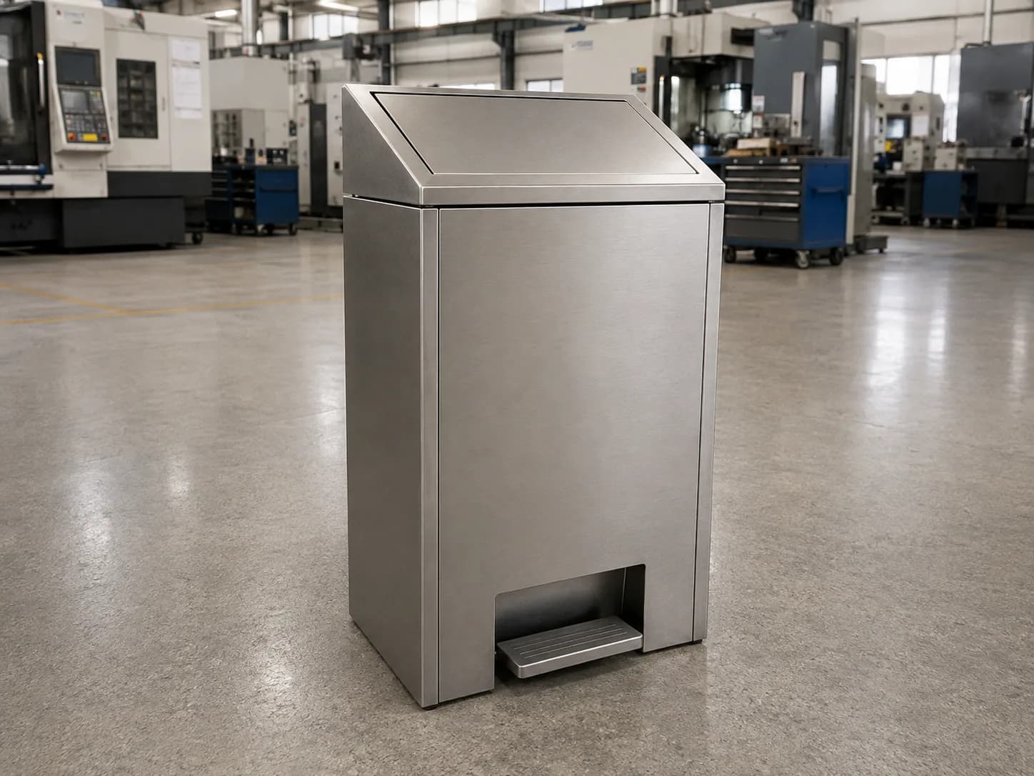 Pedal-operated stainless steel waste bin for workshop waste collection
