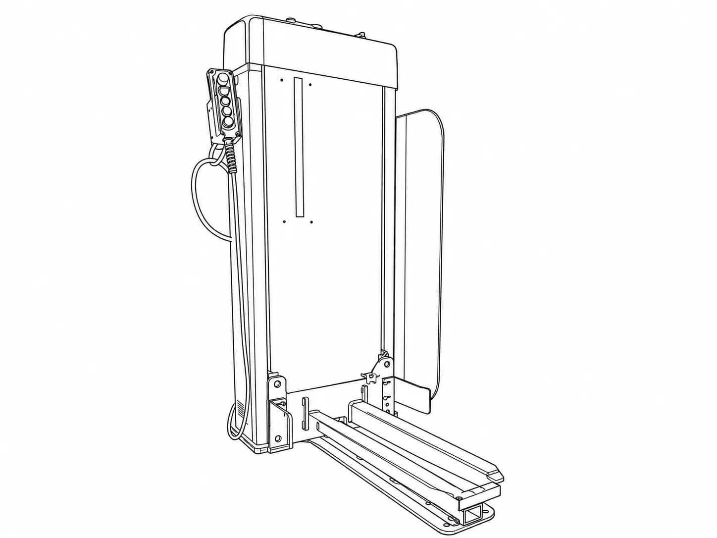 Design view of a vertical pallet lift showing the lifting column and forward load-support structure