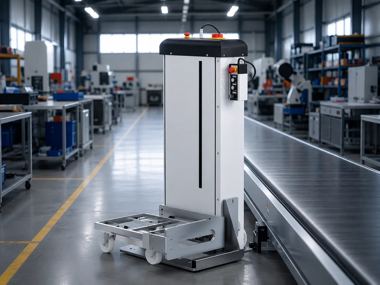Vertical pallet lift positioned beside production equipment for line-side material transfer