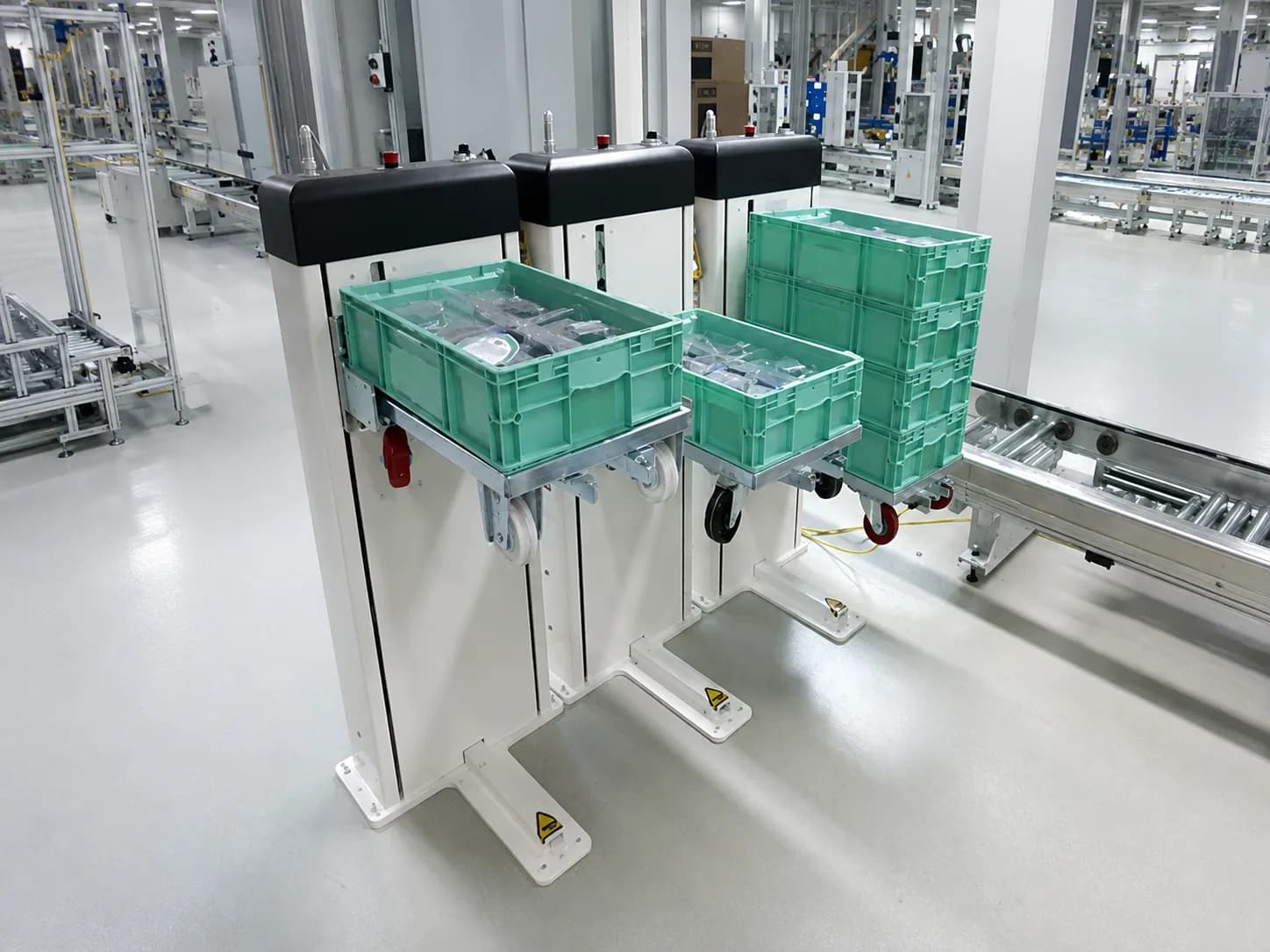 Multiple vertical pallet lift units handling tote-box carriers in a production-line application