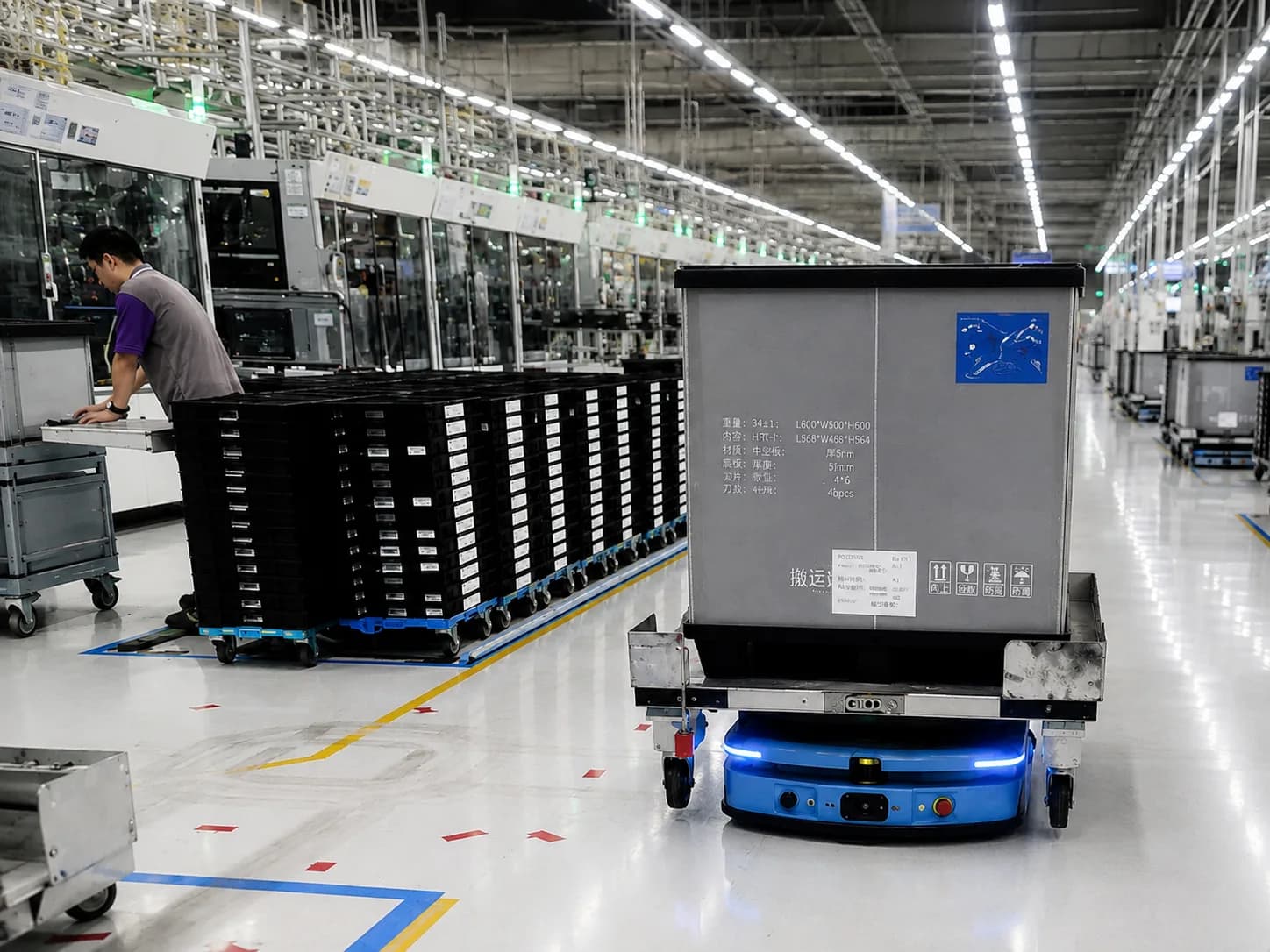 AGV-compatible pallet trolley used for material transfer in a production workshop