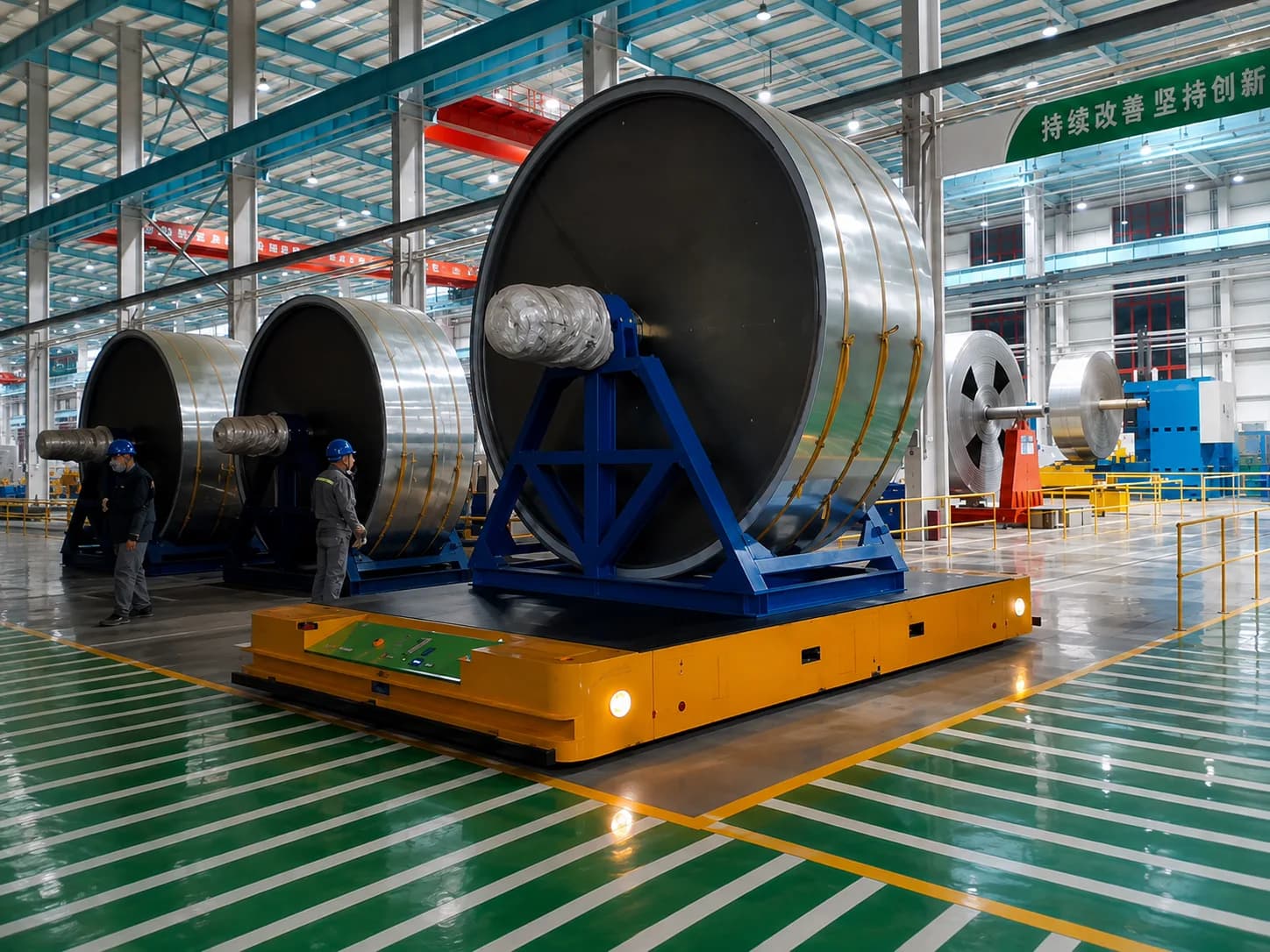 AGV material transfer support platform carrying a large industrial load in a workshop