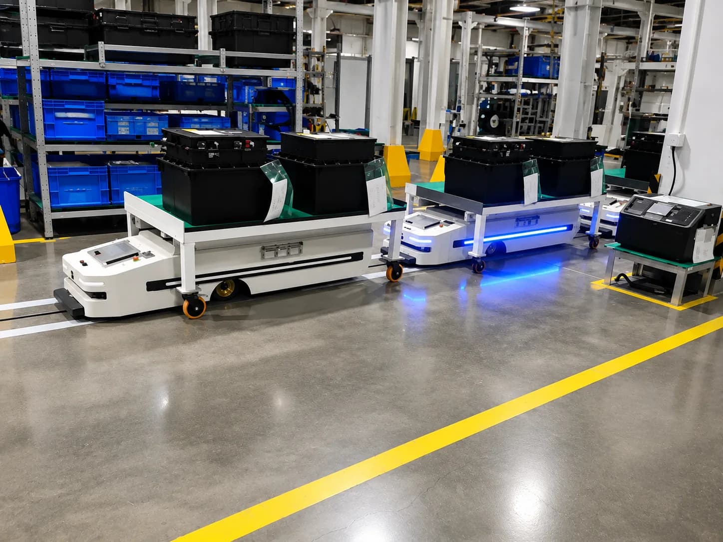 AGV material transfer system for factory internal logistics