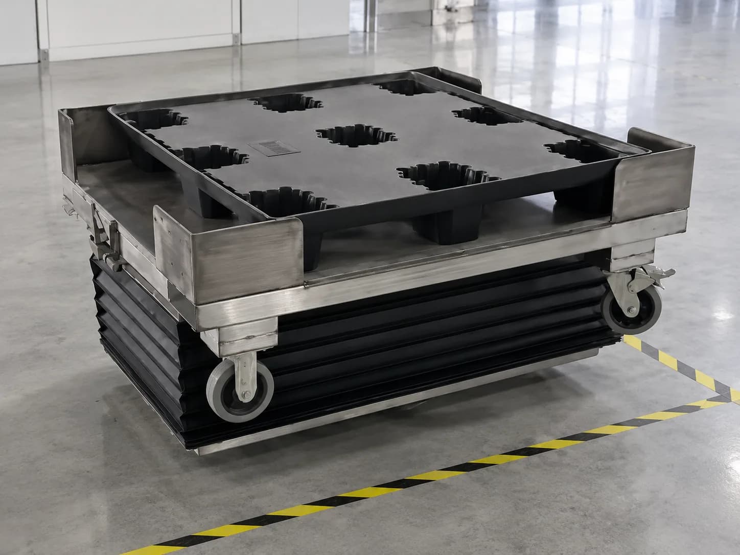 Pallet trolley view of a rotary lifting unit for AGV-supported material transfer