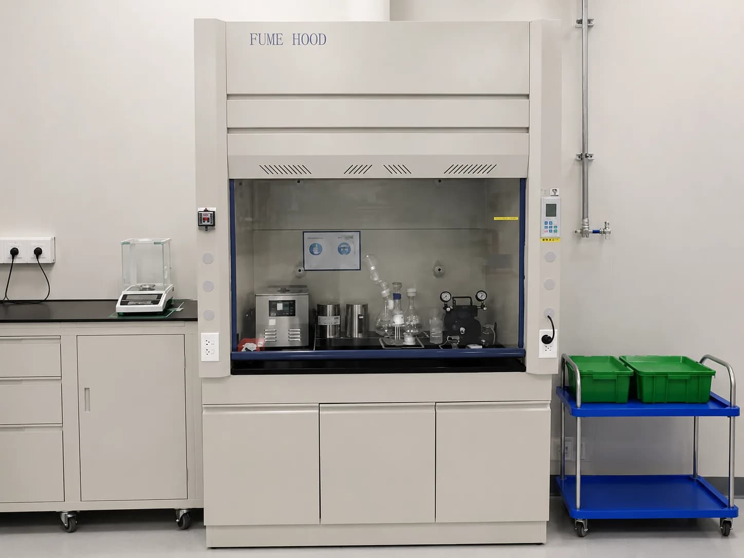 All-steel laboratory fume hood integrated with cabinet storage and enclosed work area