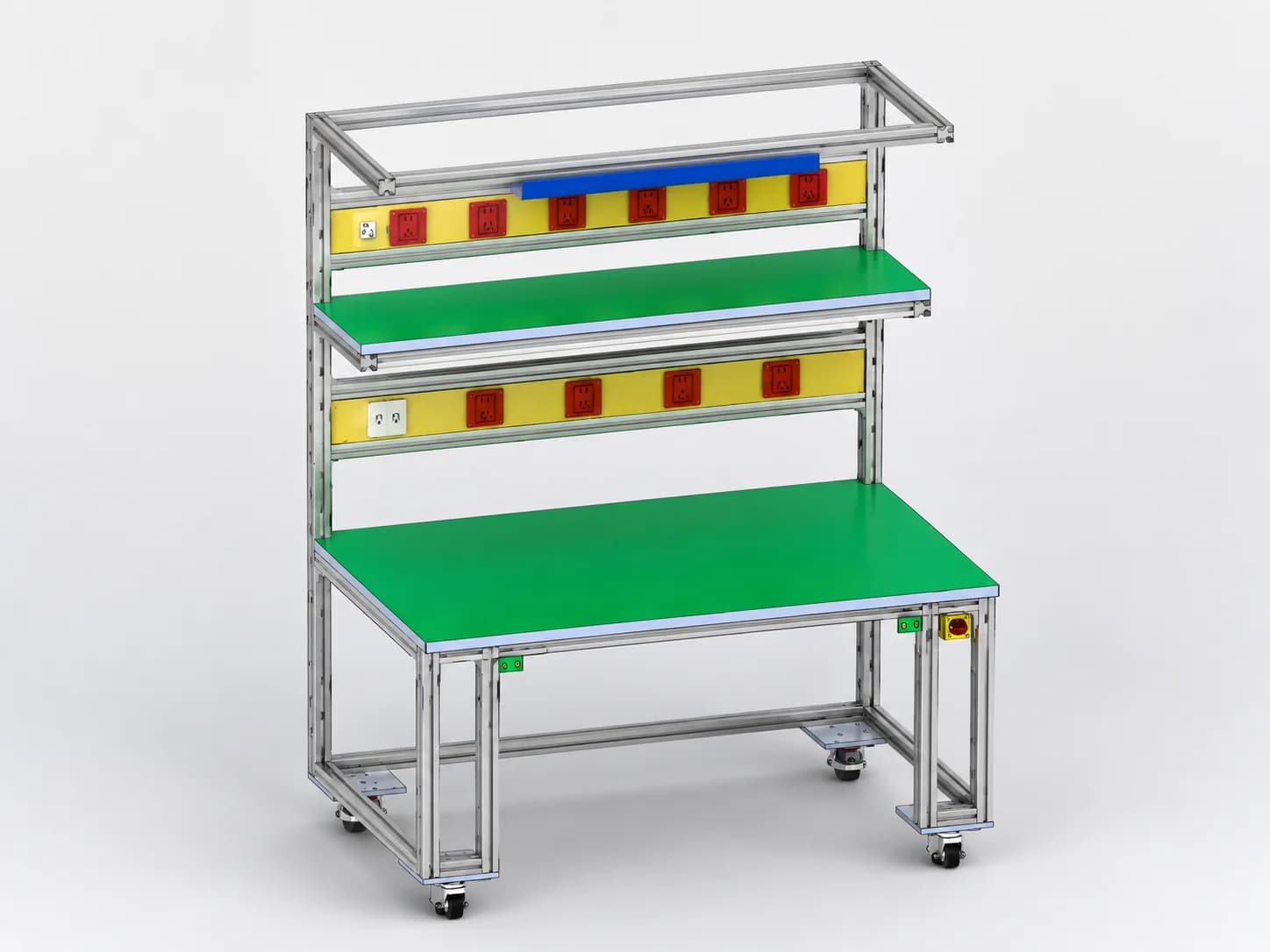 Design view of an ESD inspection workbench showing modular shelves, work surface and workstation layout