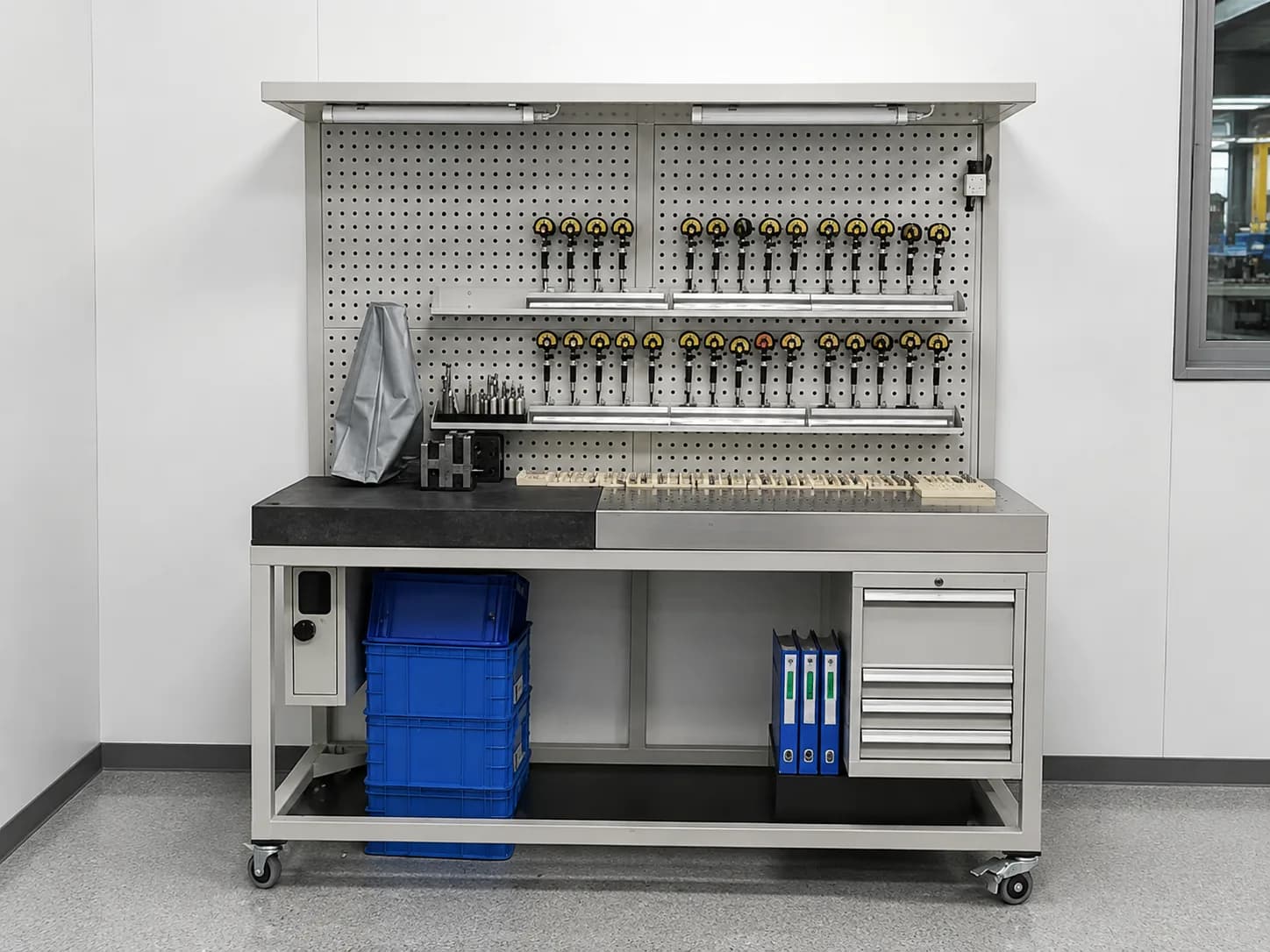 Granite measuring workbench with organized tooling and storage for precision inspection tasks